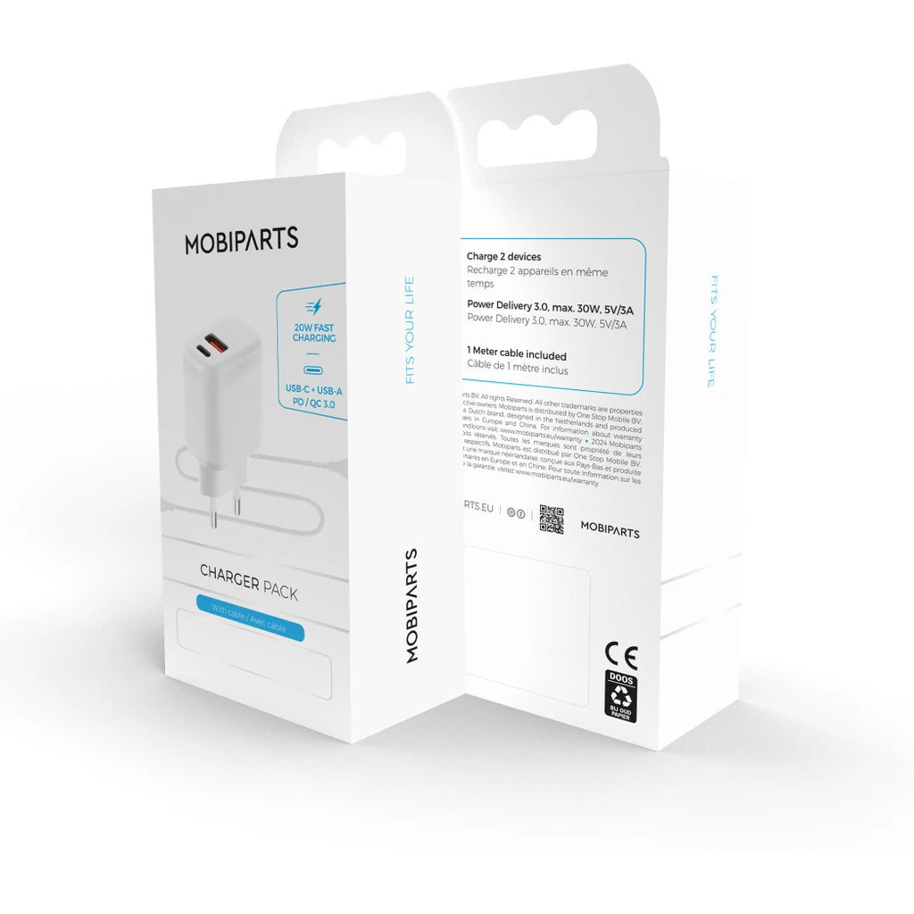 Mobiparts Adapter USB-C en USB-A 20W Wit - met USB-C Kabel